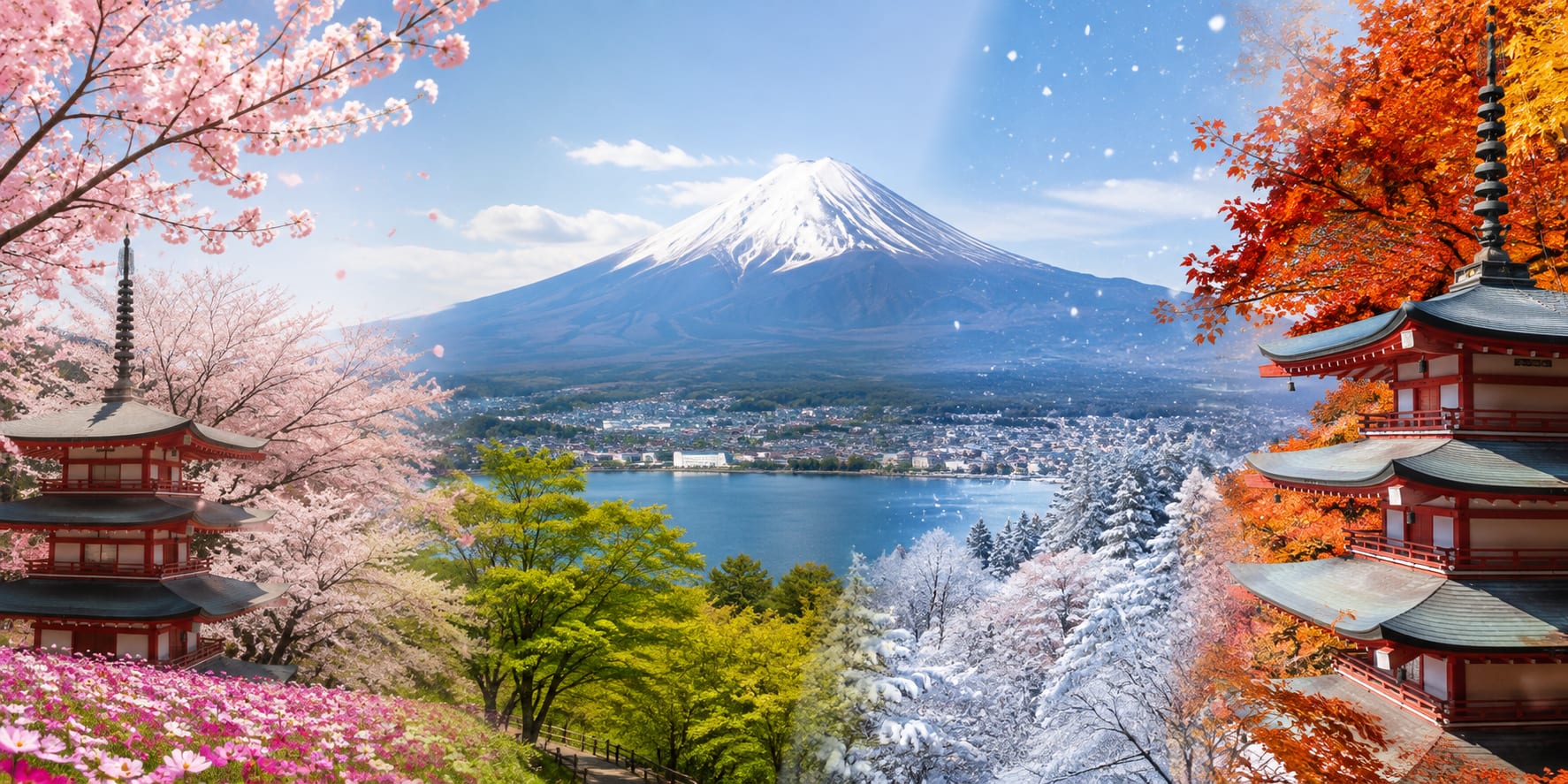 Mount Fuji and Chureito Pagoda shown across all four seasons: cherry blossoms, green summer, autumn foliage, and snow